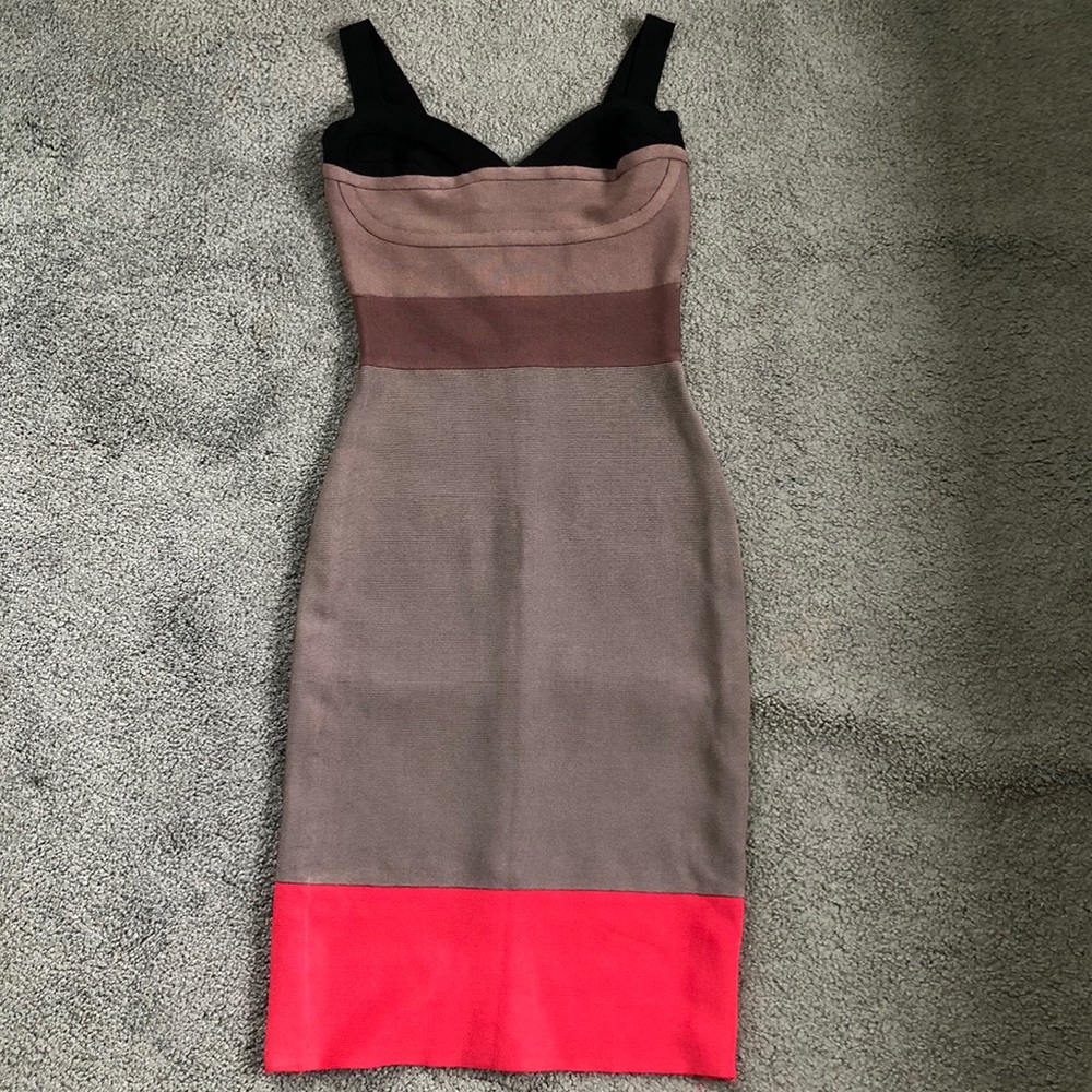 Herve Leger bodycon bandage taupe tan black coral midi straps dress S XS XXS